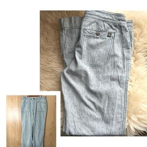 The North Face Linen Blue and White Pinstriped Flare High Rise Jeans
